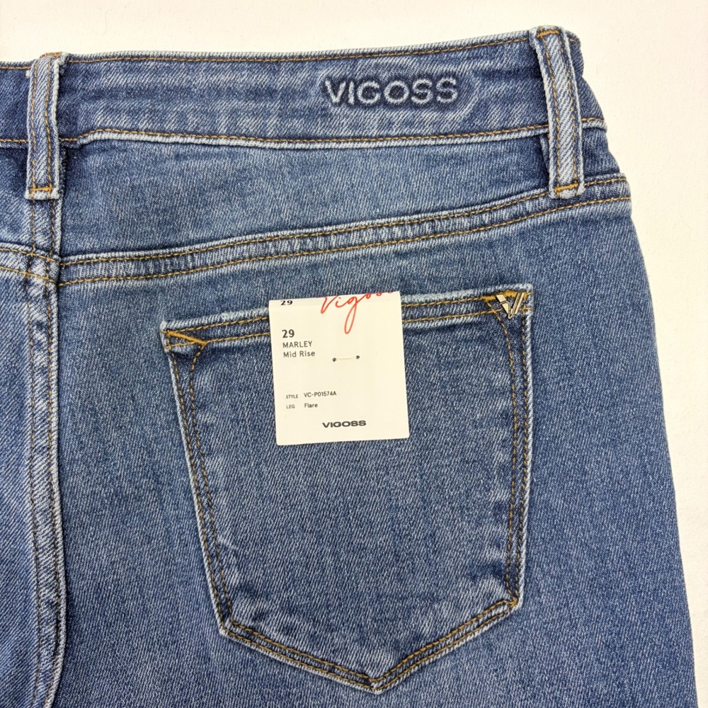 NWT Vigoss Marley Flare Jeans Womens 29 Mid Rise Raw Hem Blue Denim Boho Pintuck - Picture 5 of 12